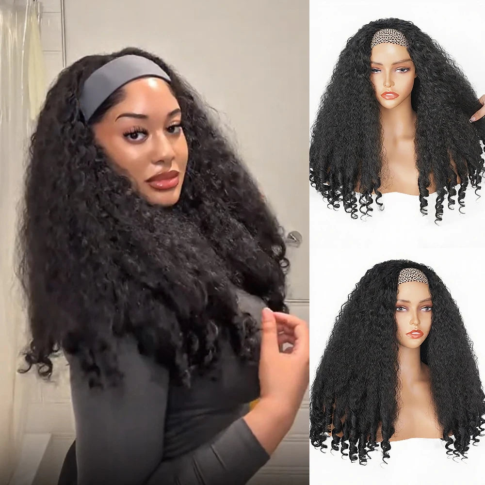 Lush Haute New Afro Headband with Curly in the End Wig Synthetic Hair Texture with Unique Bouncy Curls in the End 20 Inch Soft Curly Full Hair Headband Wigs Synthetic for Women No Leave out Glueless Wig