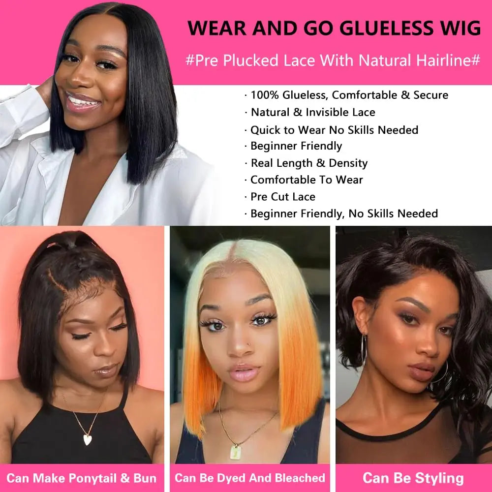 UNice Glueless Yaki Straight Short Bob Wig with Drawstring Pre-cut 7x5 HD Lace Human Hair Wigs with Bleached Knots Beginner Friendly Natural Hairline summer wig Delrforyoudays
