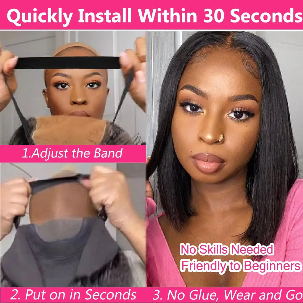 UNice Glueless Yaki Straight Short Bob Wig with Drawstring Pre-cut 7x5 HD Lace Human Hair Wigs with Bleached Knots Beginner Friendly Natural Hairline summer wig Delrforyoudays